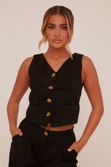 Black Button Up Front Waistcoat - Dinara