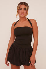 Black Lace Up Black Puffball Mini Dress - Lissa