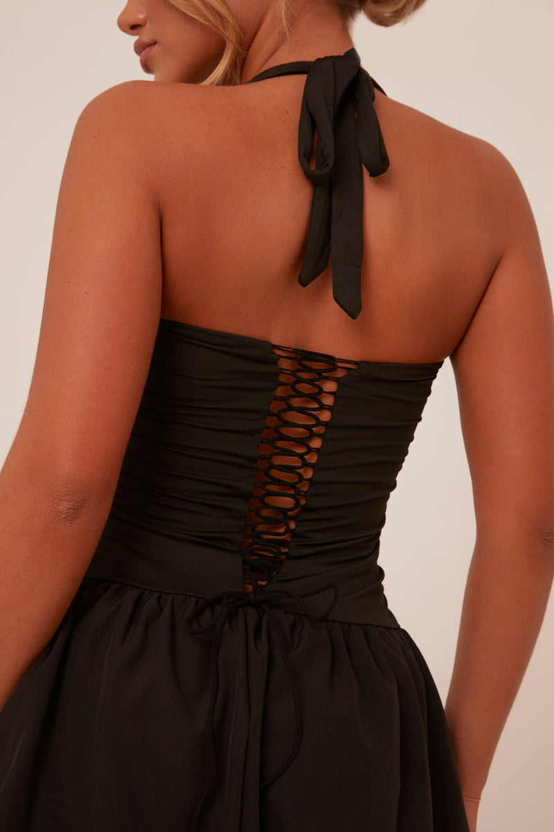 Black Lace Up Black Puffball Mini Dress - Lissa