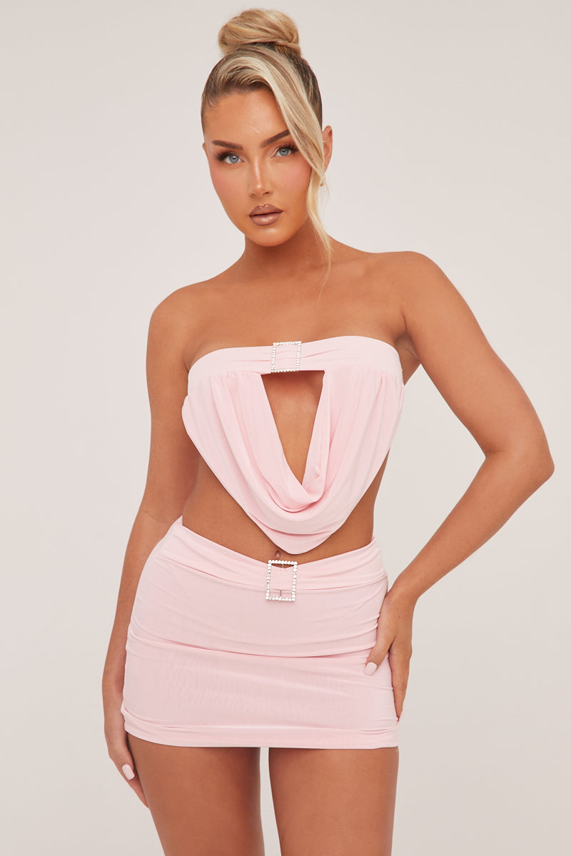 Pink Buckle Detail Cropped Top & Mini Skirt Co-ord Set - Charlotte