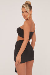 Black One Shoulder Cropped Top & Ruched Mini skirt Co-ord Set - Dahlia