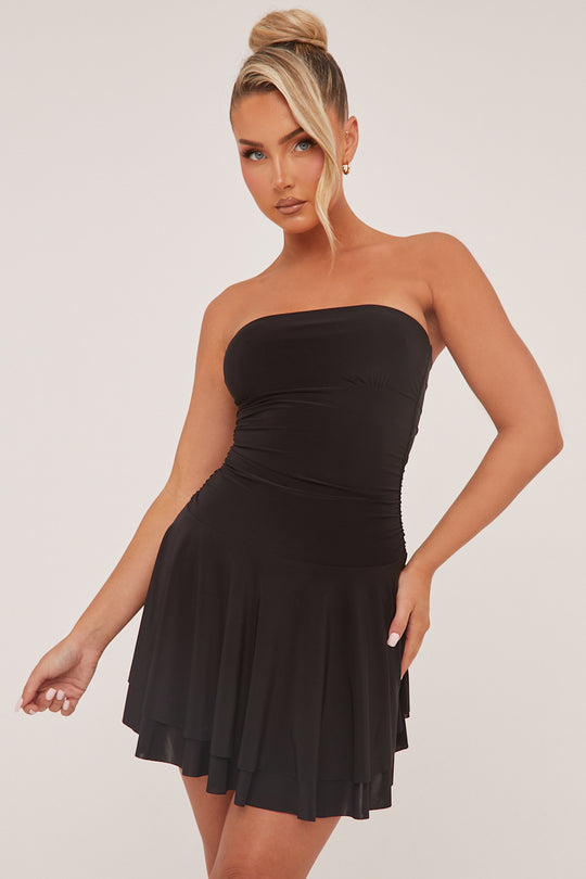 Black Bandeau Ruched Skater Mini Dress - Sifan