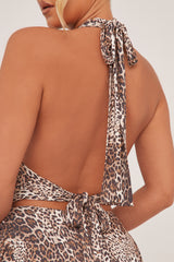 Brown Leopard Print Halter Plunge Neck Mini Dress - Colette
