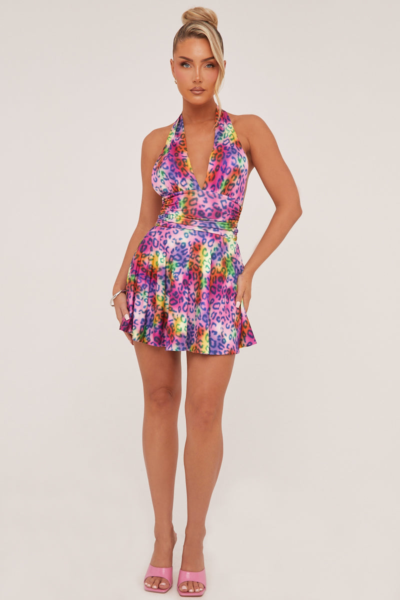 Multi Leopard Print Halter Neck Mini Dress - Aria