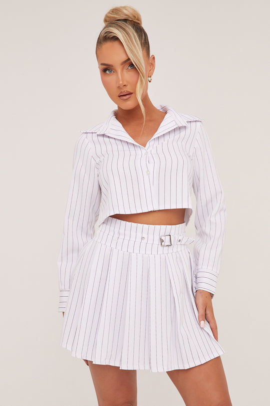 White Striped Button Up Shirt & Pleated Mini Skirt Co-ord Set - Nancy