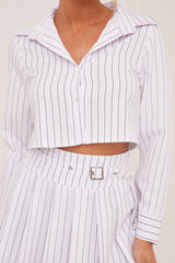 White Striped Button Up Shirt & Pleated Mini Skirt Co-ord Set - Nancy