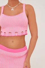 Pink Knit Laddering Effect Cropped Top & Mini Skirt Co-ord Set - Amelia