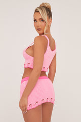 Pink Knit Laddering Effect Cropped Top & Mini Skirt Co-ord Set - Amelia