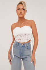 White Rosette Detail Lace Up Corset Top - Joleen