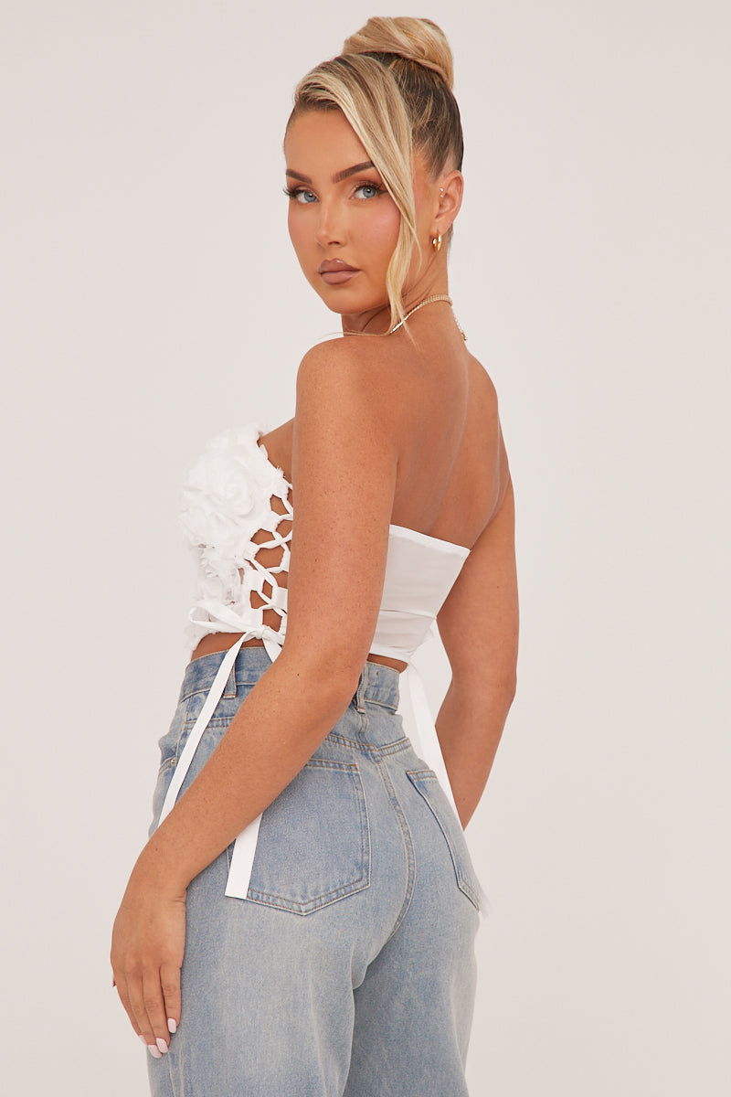White Rosette Detail Lace Up Corset Top - Joleen