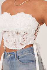 White Rosette Detail Lace Up Corset Top - Joleen