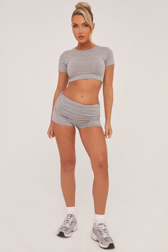 Grey Round Neck Cropped Top & Ruched Shorts Co-ord Set - Lyla