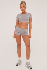 Grey Round Neck Cropped Top & Ruched Shorts Co-ord Set - Lyla