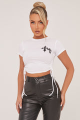 White Printed Ruched Sides Cropped Top - Anya
