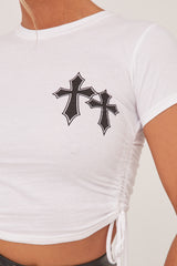 White Printed Ruched Sides Cropped Top - Anya