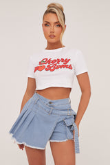 Light Blue Denim Warp Over Pleat Detail Mini Skort - Margot