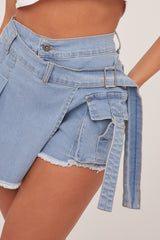 Light Blue Denim Warp Over Pleat Detail Mini Skort - Margot
