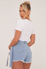 Light Blue Denim Warp Over Pleat Detail Mini Skort - Margot