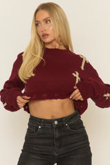 Wine Cross Print Distressed Crop Knit Jumper - Sanah