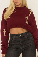 Wine Cross Print Distressed Crop Knit Jumper - Sanah