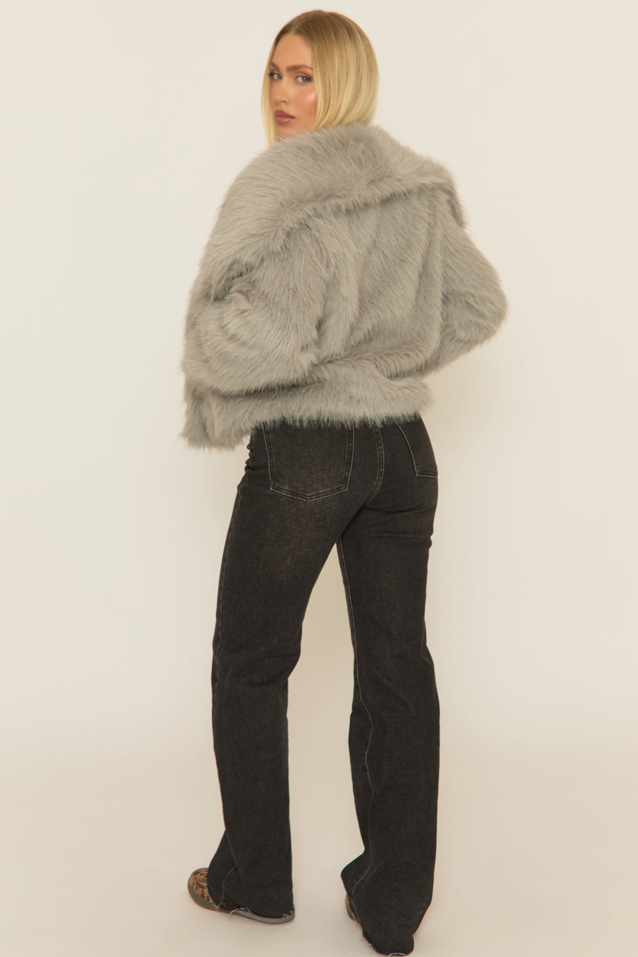 Grey Collared Faux Fur Coat - Elenita