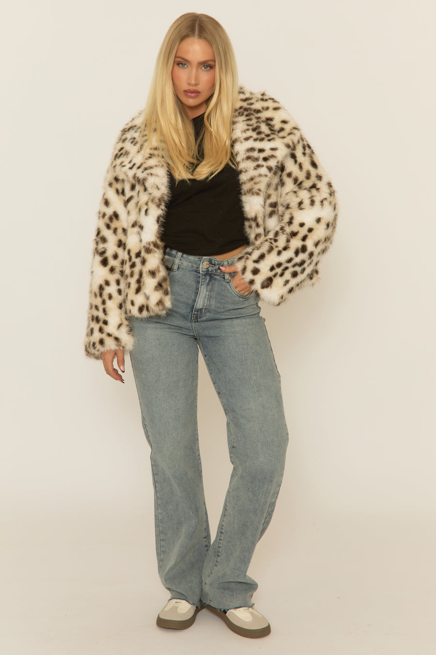 Cream Leopard Print Faux Fur Coat - Aleena
