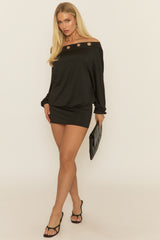 Black Eyelet Trim Batwing Bardot Mini Dress - Alaska