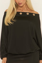 Black Eyelet Trim Batwing Bardot Mini Dress - Alaska