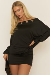 Black Eyelet Trim Batwing Bardot Mini Dress - Alaska