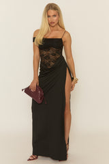 Black Lace Draped Maxi Dress - Trisha