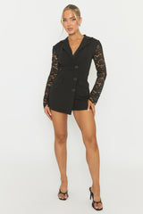 Black Lace Sleeve Tailored Blazer Playsuit - Maisee
