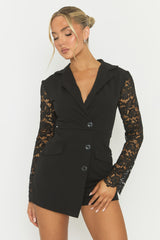 Black Lace Sleeve Tailored Blazer Playsuit - Maisee
