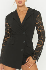 Black Lace Sleeve Tailored Blazer Playsuit - Maisee