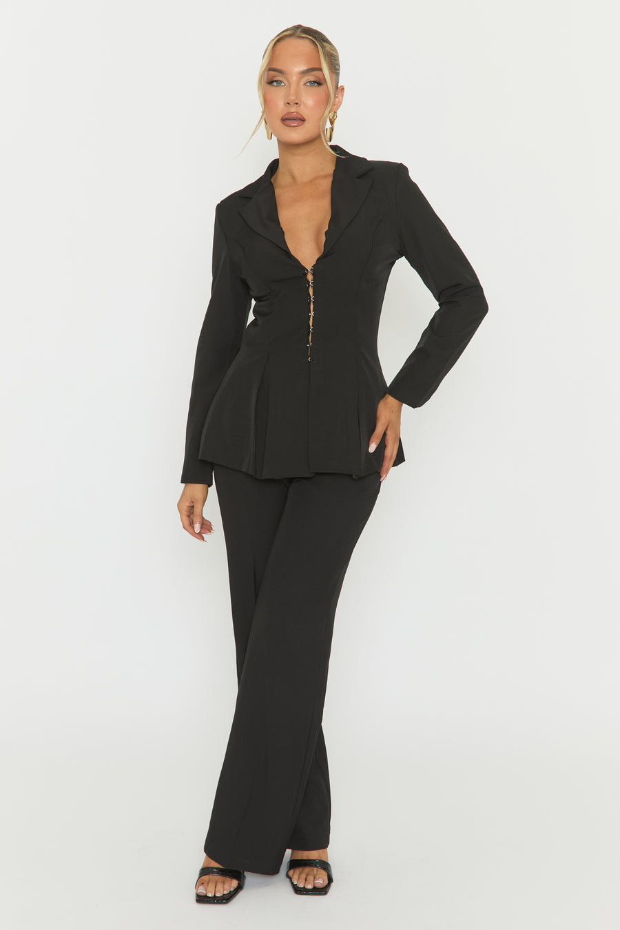 Black Tailored Flared Hem Blazer and Trousers Co-ord Set - Annalee