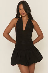 Black Halter Puffball Mini Dress - Yalana