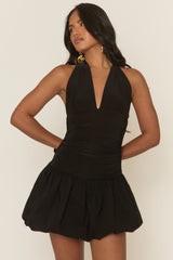 Black Halter Puffball Mini Dress - Yalana