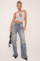 Light Grey Eyelet Halter Top - Glenda