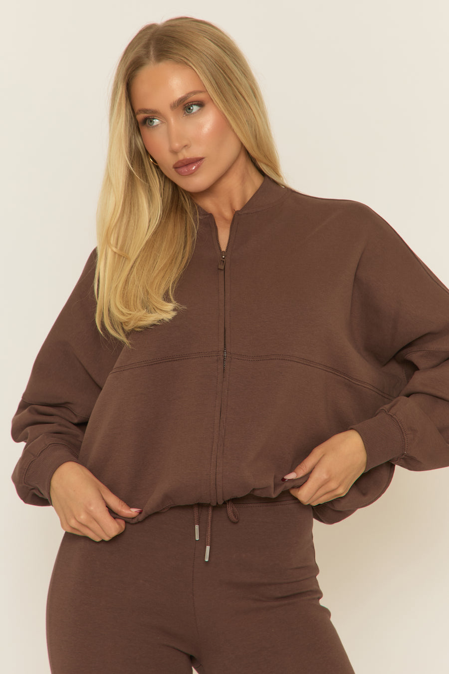 Chocolate Zip Front Bomber And Flare Joggers Loungewear Co-ord Set - Lonie