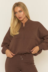 Chocolate Zip Front Bomber And Flare Joggers Loungewear Co-ord Set - Lonie
