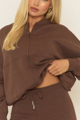 Chocolate Zip Front Bomber And Flare Joggers Loungewear Co-ord Set - Lonie