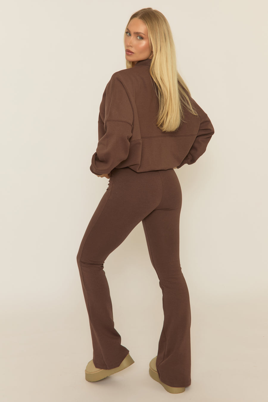 Chocolate Zip Front Bomber And Flare Joggers Loungewear Co-ord Set - Lonie