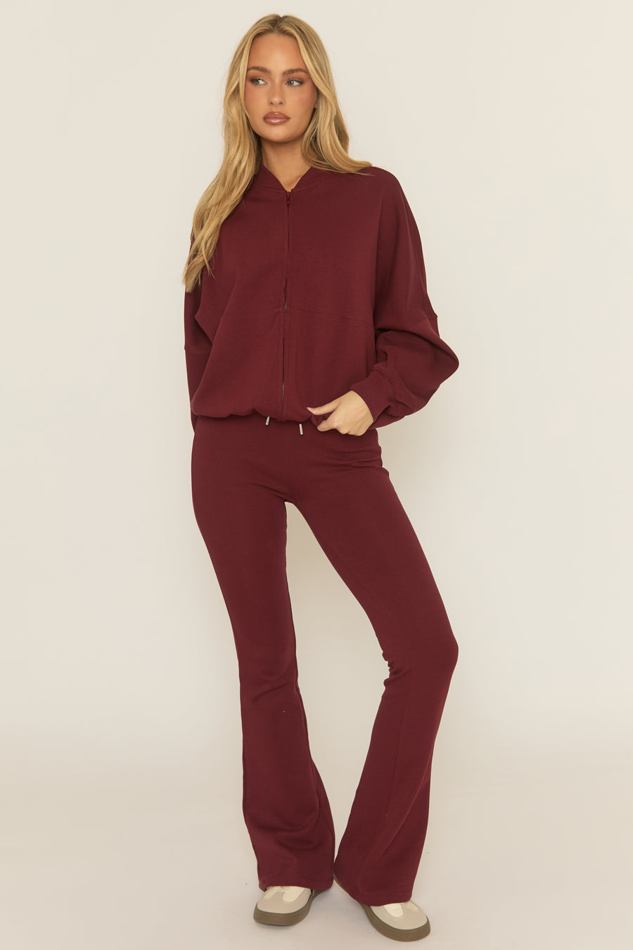 Wine Zip Front Bomber And Flare Joggers Loungewear Co-ord Set - Lonie