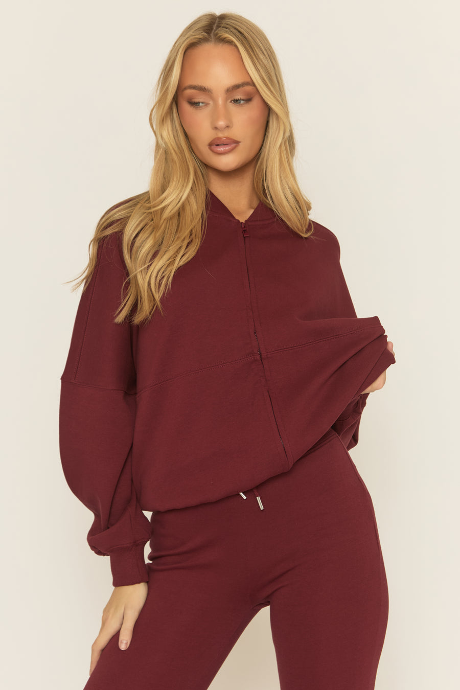 Wine Zip Front Bomber And Flare Joggers Loungewear Co-ord Set - Lonie