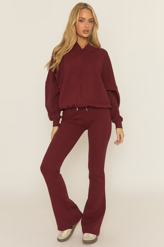 Wine Zip Front Bomber And Flare Joggers Loungewear Co-ord Set - Lonie