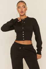 Black Popper Front Cinched Waist Sweatshirt and Wide Leg Trousers Loungewear Co-ord Set - Neelam