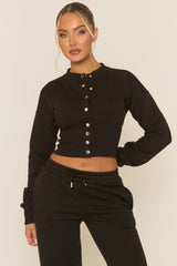Black Popper Front Cinched Waist Sweatshirt and Wide Leg Trousers Loungewear Co-ord Set - Neelam