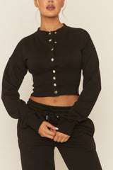 Black Popper Front Cinched Waist Sweatshirt and Wide Leg Trousers Loungewear Co-ord Set - Neelam