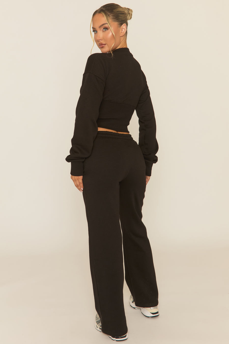 Black Popper Front Cinched Waist Sweatshirt and Wide Leg Trousers Loungewear Co-ord Set - Neelam