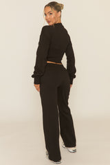 Black Popper Front Cinched Waist Sweatshirt and Wide Leg Trousers Loungewear Co-ord Set - Neelam