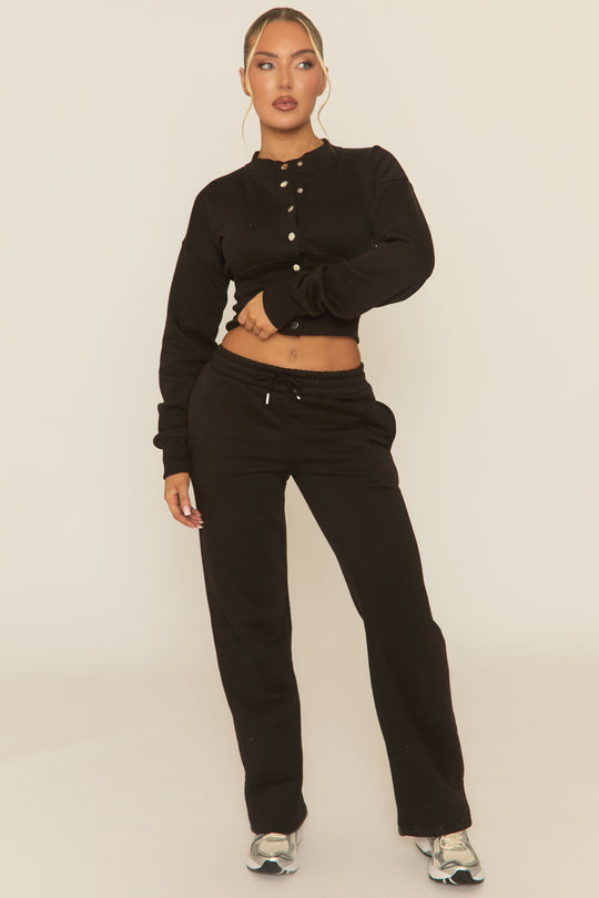 Black Popper Front Cinched Waist Sweatshirt and Wide Leg Trousers Loungewear Co-ord Set - Neelam